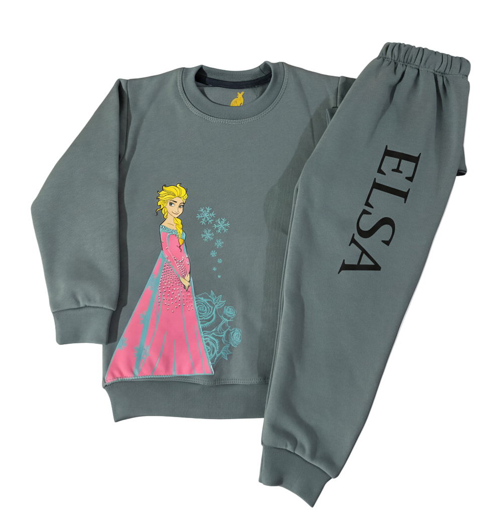 Children's sweatshirt and pants set with Elsa design on a light gray background