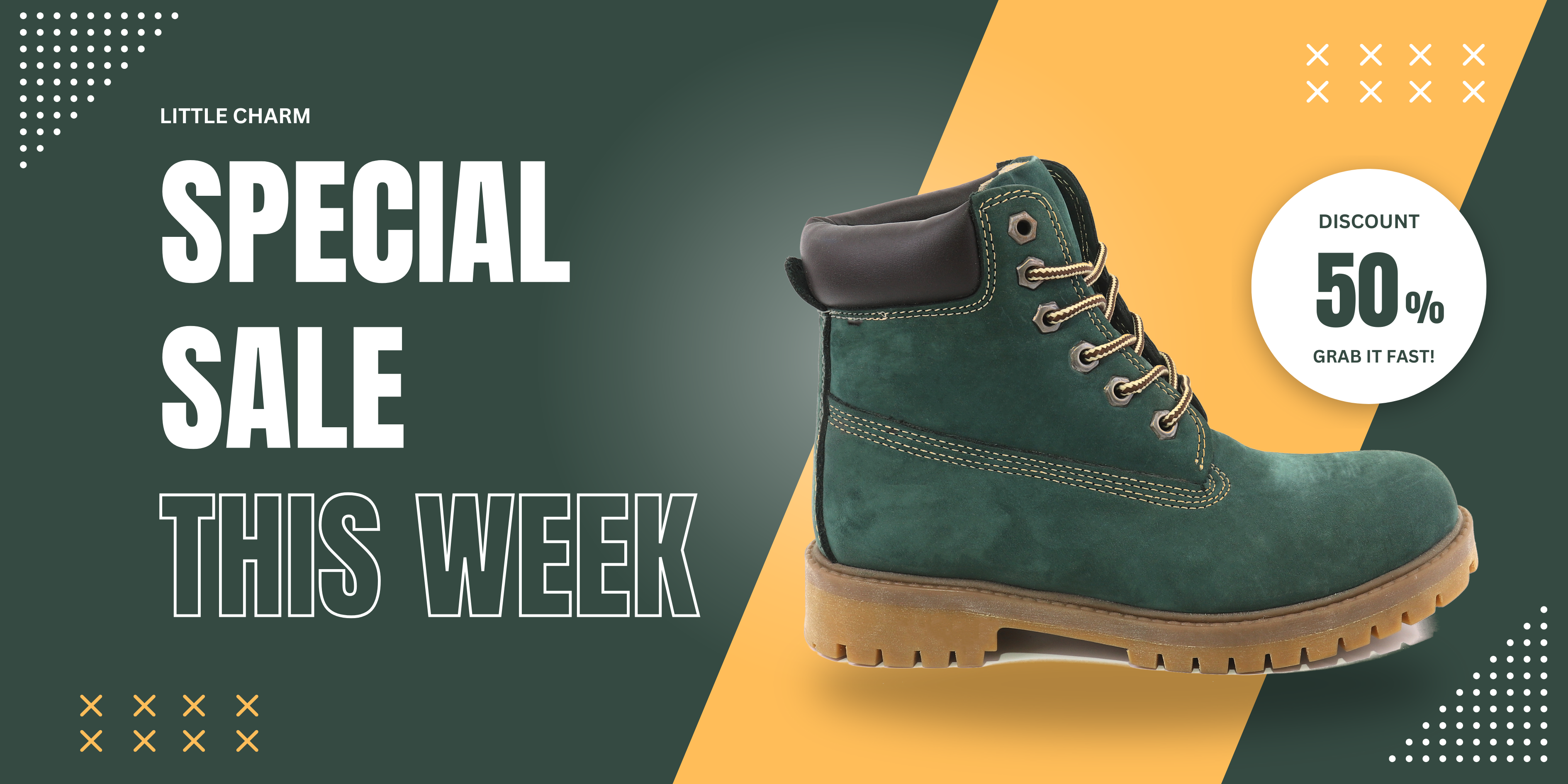 Green boot with 'Special Sale This Week' text and discount offer on a green and yellow background