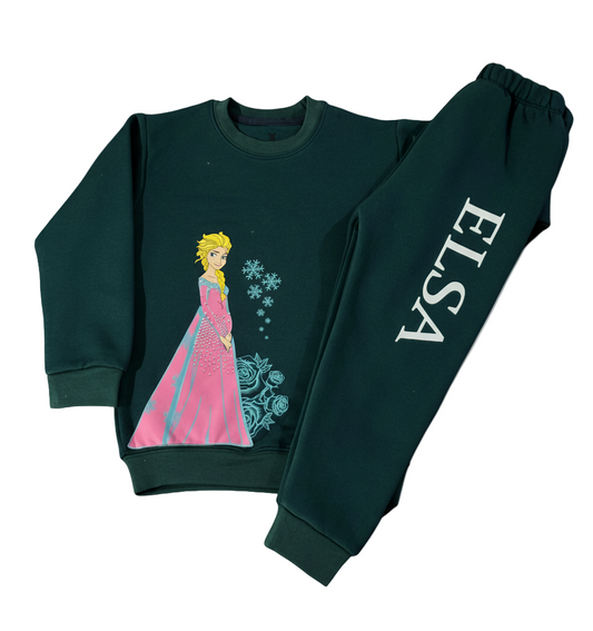 Children's sweatshirt and jogger set with Elsa design on a gray background
