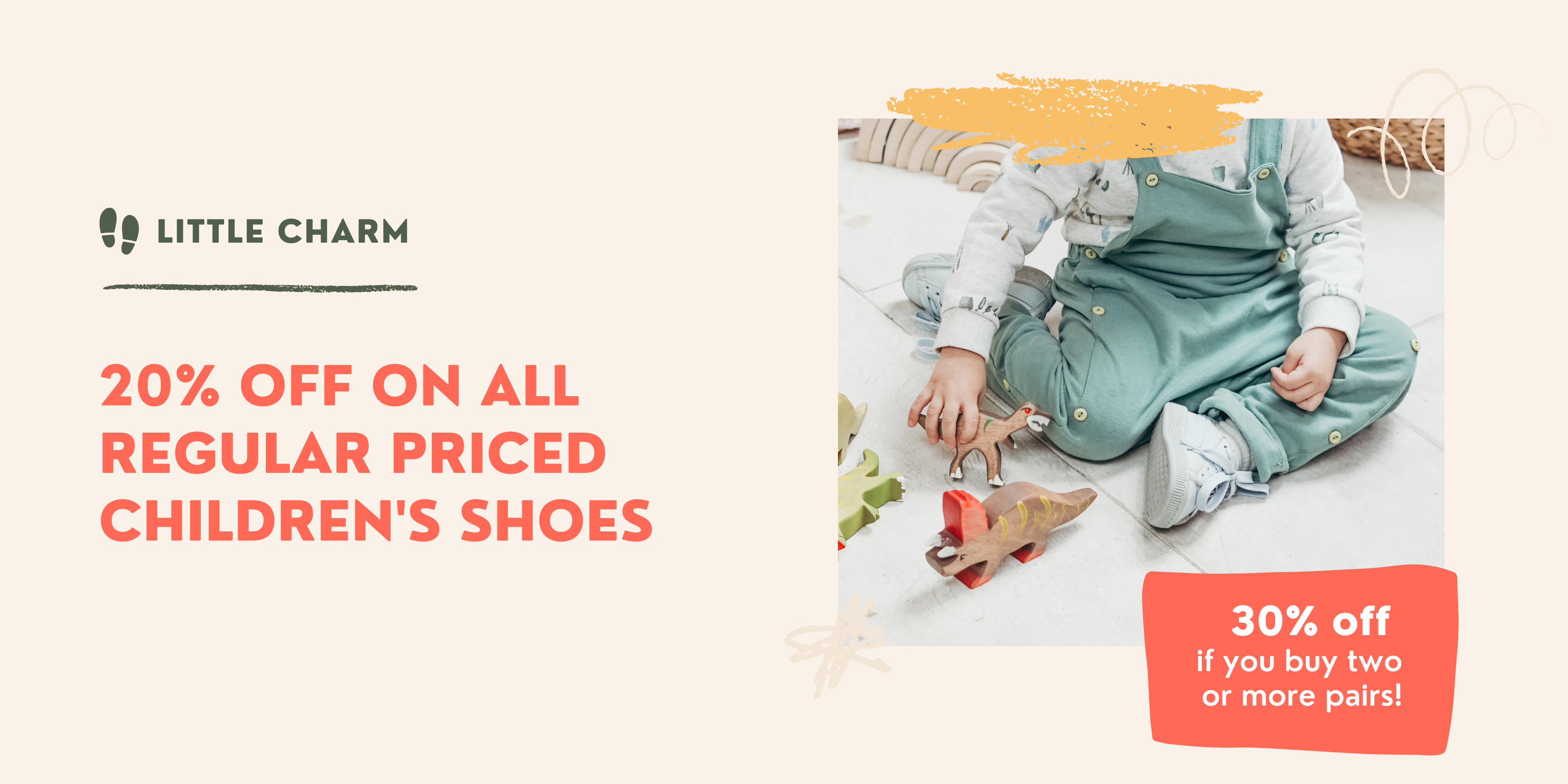 Children wearing green shoes with promotional text for Little Charm brand on a beige background