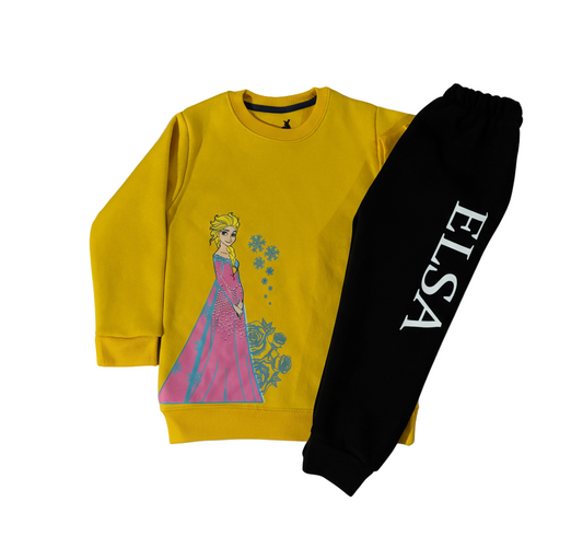 Yellow sweatshirt with princess design and black pants with 'ELSA' text on a light gray background